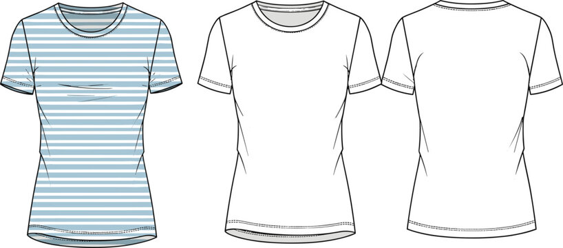 Women's striped t-shirt vector illustration, crew neck tee flat sketch, front and back view technical drawing template, ladies summer top design mockup.