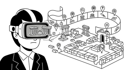 Man experiencing virtual reality headset exploring ancient architecture.