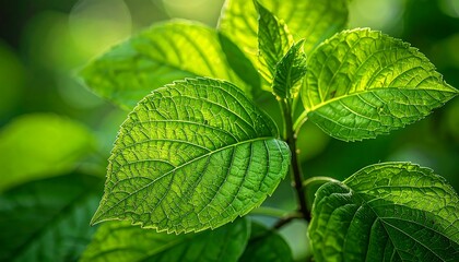 Close-up of vibrant green leaves in sunlight with blurred background
