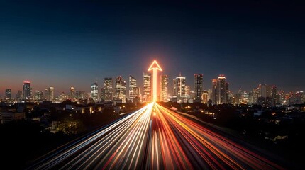 Light trail arrow leading toward city skyline night long exposure dynamic motion vibrant glow city skyline night arrow light trail leading forward - Powered by Adobe