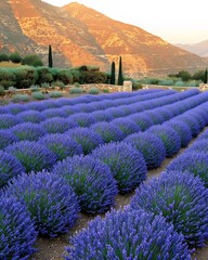 A stunning view of vibrant lavender fields in full bloom, showcasing rows of bright purple flowers against a backdrop of majestic mountains during golden hour.