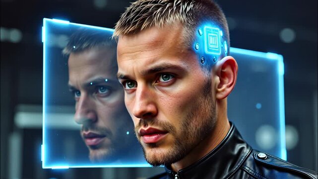 Futuristic young man with metallic studs and leather jacket beside glowing neon hologram panel.