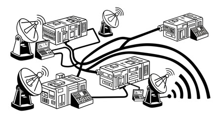 Network of Communication Devices with Satellite Dishes and Cables.