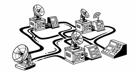 Network of Satellite Dishes and Control Panels Illustration.