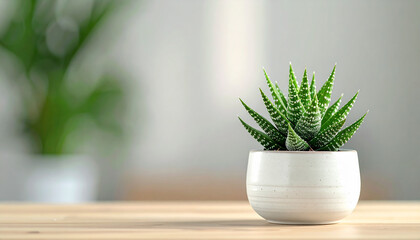 Haworthia in minimal ceramic pot, wooden tabletop, succulent plant, soft blurred background.