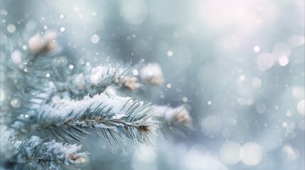 Winter frost on pine branches with delicate snowflakes and bokeh background