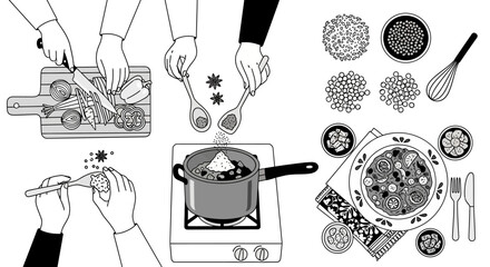 Overhead view of hands preparing and cooking a meal with various ingredients.