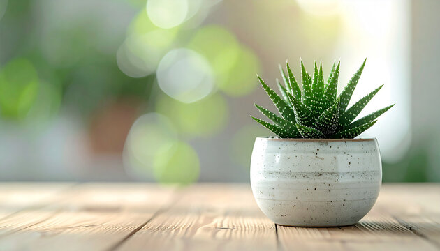 Haworthia in minimal ceramic pot, wooden tabletop, succulent plant, soft blurred background.
