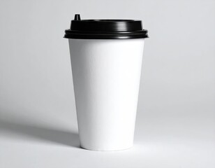 White Disposable Coffee Cup with Black Lid on White Background
