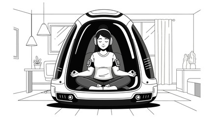 Person Meditating Inside Futuristic Pod.