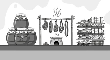 Preserved Food Storage and Preparation Scene.