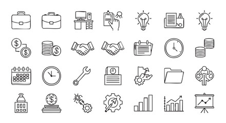 Hand drawn business and finance icon set representing various concepts
