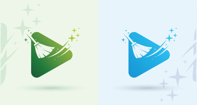 Play button sparkle swoosh cleaning logo media video hygiene service modern brand icon