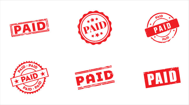 Vector Set of Six Red Grunge Paid Rubber Stamps Financial Invoice and Transaction Confirmation Seals
