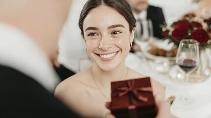 Woman smiling at gift exchange during celebration at elegant dinner event