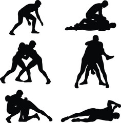 Wrestling silhouette collection showing dynamic grappling, takedowns, ground fighting, and competitive combat poses, perfect for martial arts, sports training, fitness, and action vector illustrations