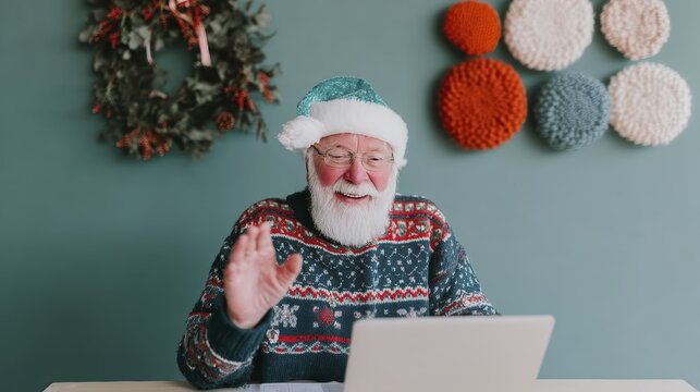 Festive senior man in santa hat video calling from home with holiday decor