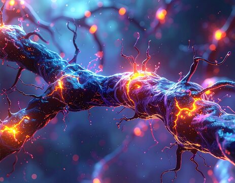 Close-up view of glowing neuron-like structures with sparking energy