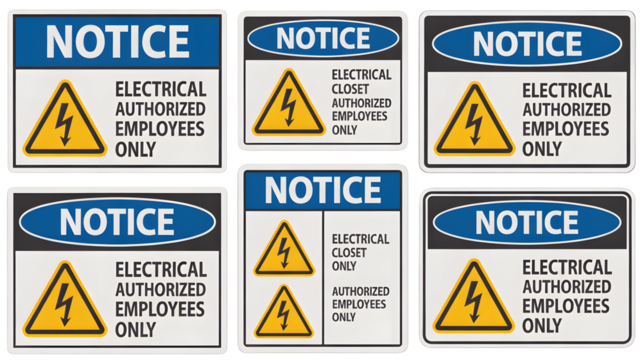 Notice signs display electrical hazards for authorized workers only showing caution.