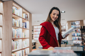 A woman in a red coat browses shelves filled with books in a bright store, holding a book and smiling while looking for her next read in a cozy bookstore setting.