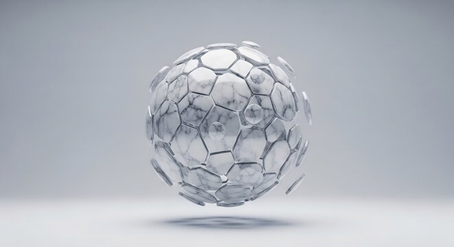 White marble sphere composed of hexagonal and circular tiles floating in a minimalist grey studio