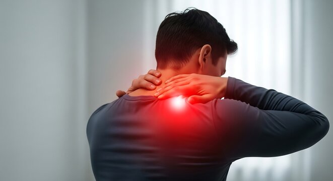 Experiencing neck and shoulder pain relief with self massage for muscle soreness or tension in modern home for wellness campaigns