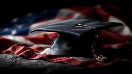 Graduation Cap on American Flag Representing Education and Patriotism.