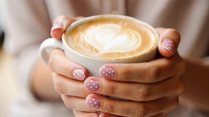Cup of coffee art held by hands with stylish polka dot manicure in a cozy setting, lifestyle blogging. fashion magazine, beauty blog, nail art tutorial, winter style inspiration, cozy fashion settings - Powered by Adobe