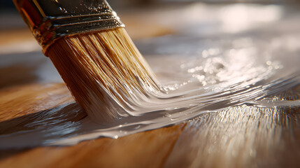 Hyper detailed macro of paintbrush applying white paint on wood surface