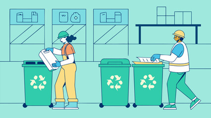 Recycling service with workers sorting plastic and paper at waste bins