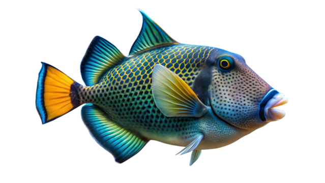 Colorful triggerfish swimming isolated on white background
