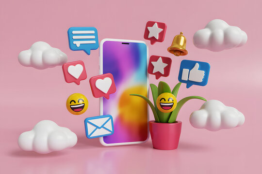 3D Social Media Icons & Smartphone on Pink Background with Clouds