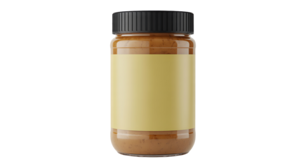 A transparent glass jar filled with a delicious looking brown granular substance sealed with a black ribbed cap ready for labeling