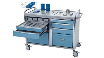 A medical cart holds instruments with open drawers for easy access.