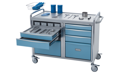 A medical cart holds instruments with open drawers for easy access.