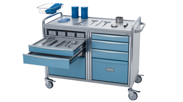 A medical cart holds instruments with open drawers for easy access.