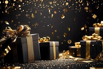 Black gift boxes with confetti.