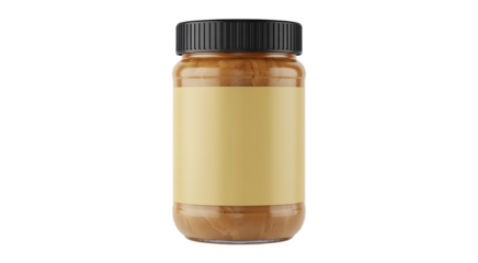 A transparent glass jar filled with a delicious looking brown granular substance sealed with a black ribbed cap ready for labeling