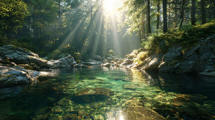 crystal clear river flowing through lush forest, sunlight rays, peaceful environment, natural healing energy.