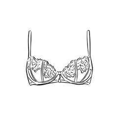 Decorated bra with florals and lace. Hand drawn in black line.