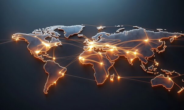 Modern world wide communication concept shown with glowing dots and lines map - Powered by Adobe