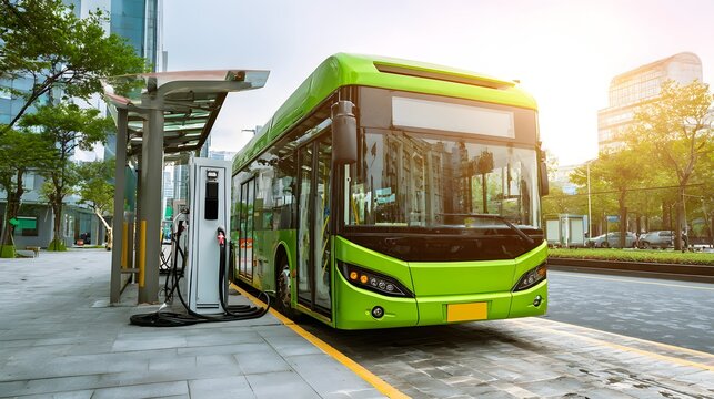 Green electric bus charging at a station on a city street with sunlight.