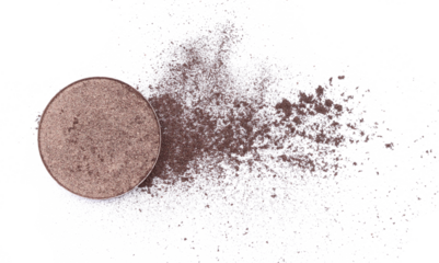 beautiful dark brown shadow in refill pan isolated on white background, brown shimmer makeup