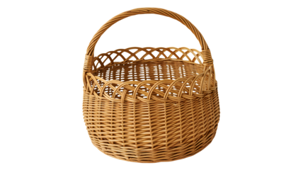 A woven basket sits empty against a dark background, ready to be filled.