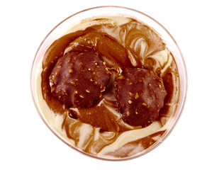 chocolate tiramisu in a cup isolated on white background, top view