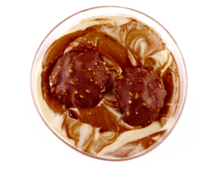 chocolate tiramisu in a cup isolated on white background, top view