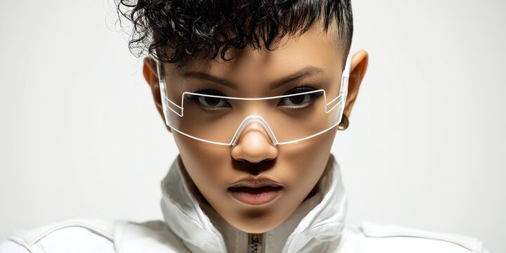 Model showcasing futuristic eyewear in a minimalistic setting during a fashion shoot in bright lighting - Powered by Adobe