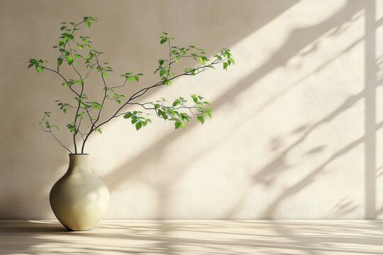 A 3D rendering of a room with a beige wall and a vase containing a green branch serves as interior background in stock photo