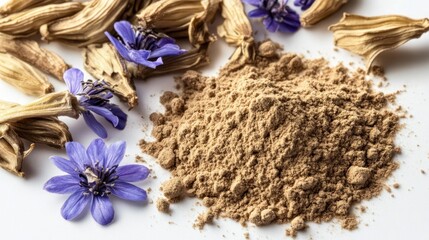 Brown herbal powder with dried flower and plant parts close up studio shot