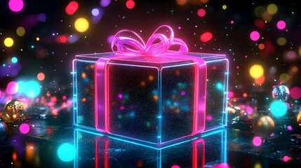 Glowing gift box with neon lights.